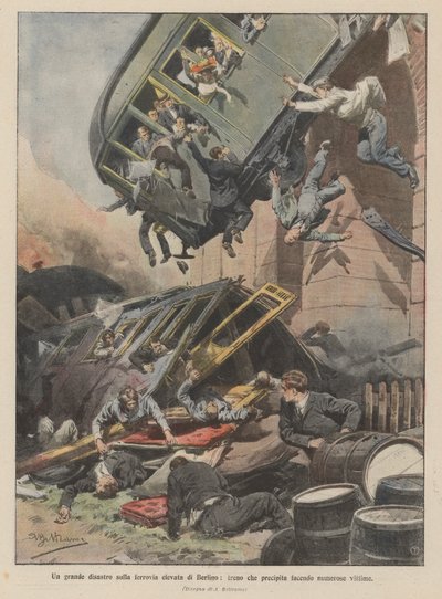A Great Disaster on the Berlin Elevated Railway, Train Crashing and Causing Numerous Victims by Achille Beltrame