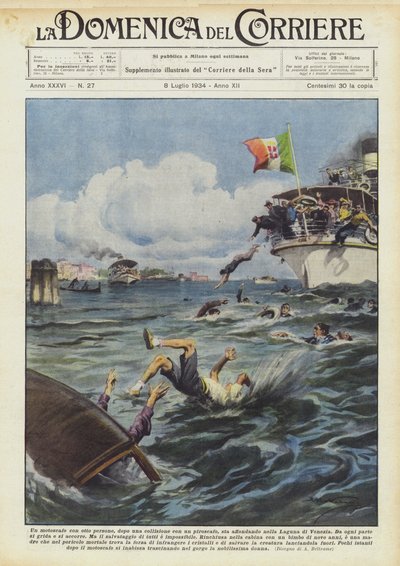 A Motorboat with Eight People, After a Collision with a Steamer, Is Sinking in the Venice Lagoon by Achille Beltrame