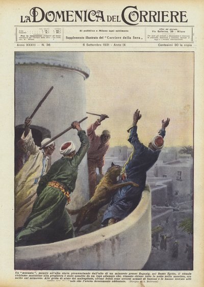 A muezzin, while pronouncing from the top of a minaret near Zagazig at dawn by Achille Beltrame