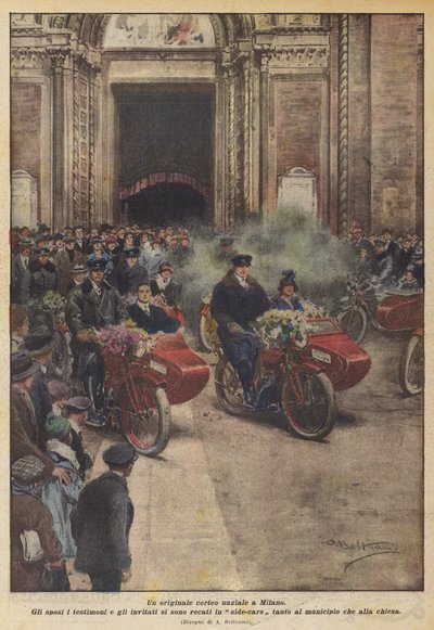 An original wedding procession in Milan (colour litho) by Achille Beltrame