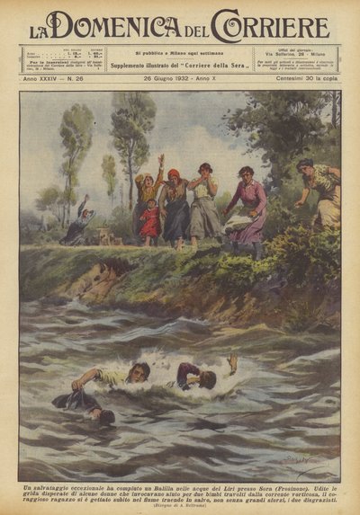 An Exceptional Rescue Was Carried Out by a Balilla in the Waters of the Liri Near Sora (Frosinone) by Achille Beltrame