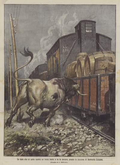 A Bull Charging a Freight Train and Derailing It Near the Belmonte Calabro Station by Achille Beltrame
