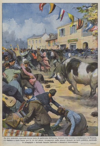 An Enraged Bull Leaps Over the Arena Fence During a Bullfight by Achille Beltrame