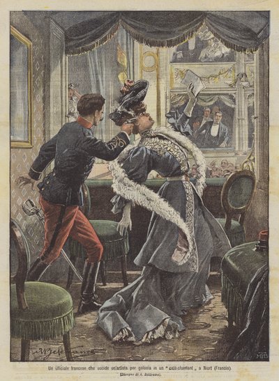 A French Officer Kills an Artist Out of Jealousy in a Cafe-Chantant in Niort (France) by Achille Beltrame