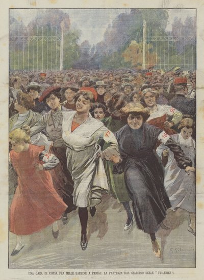 A Running Race Among a Thousand Seamstresses in Paris, The Start from the Tuileries Garden by Achille Beltrame