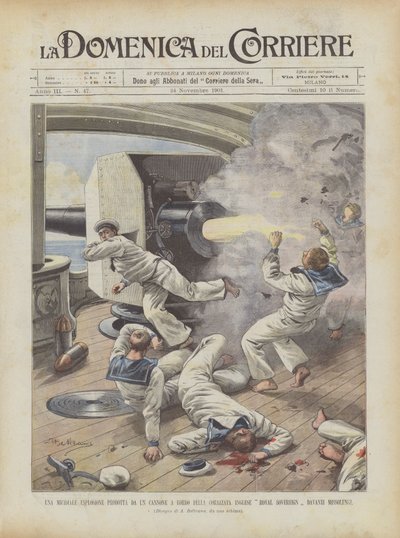 A Deadly Explosion Caused by a Cannon on Board the British Battleship Royal Sovereign in Front of Missolonghi by Achille Beltrame