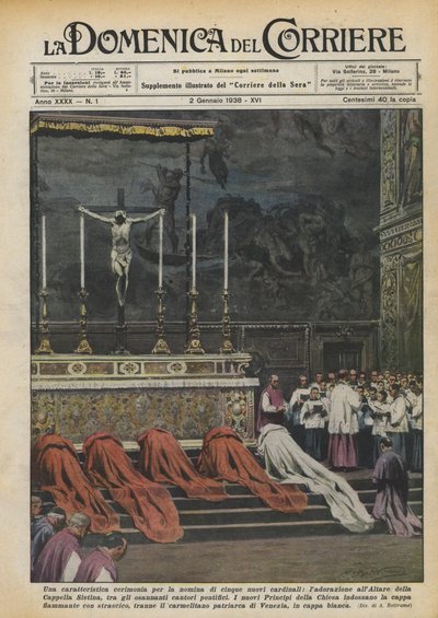 A characteristic ceremony for the appointment of five new cardinals, adoration at the altar by Achille Beltrame