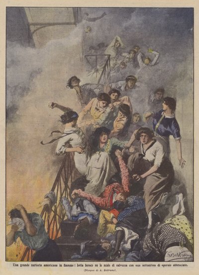 A large American tailor shop on fire, fierce struggle on the escape stairs with about seventy people by Achille Beltrame