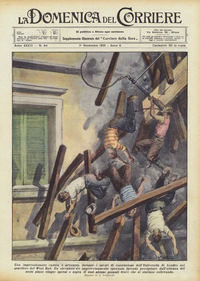 An impressive fall occurred during the construction of the University of London by Achille Beltrame