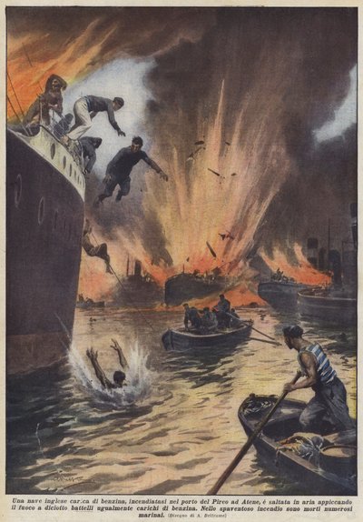 An English ship loaded with gasoline caught fire in the port of Piraeus in Athens and exploded by Achille Beltrame