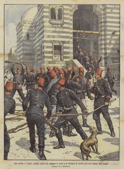 A revolt in Tripoli, Turkish soldiers throw down their arms and refuse to serve due to unpaid wages by Achille Beltrame