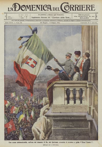 An unforgettable scene, at the hour of trial, the King, from the Quirinale, waves the tricolor and shouts Long live Italy! by Achille Beltrame