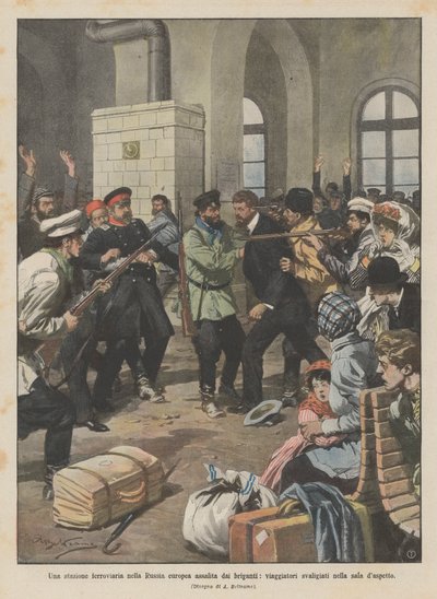 A railway station in European Russia attacked by bandits, travelers robbed in the waiting room by Achille Beltrame