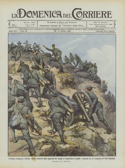 Another advance in Derna, alpine troops forced by the rough terrain to carry on their shoulders by Achille Beltrame