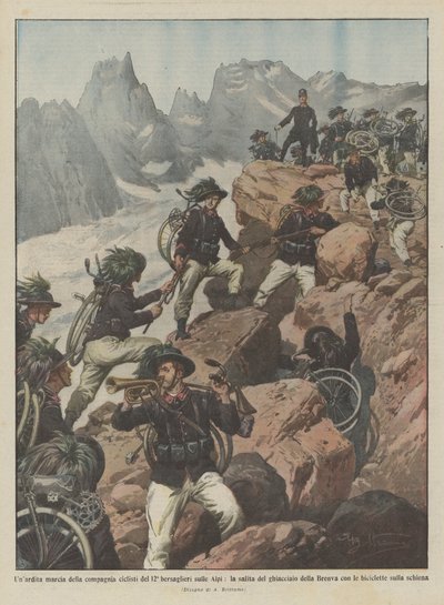 A daring march of the 12th Bersaglieri cyclist company on the Alps, the ascent of the glacier by Achille Beltrame