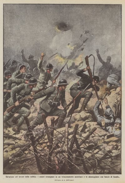 An action under the cover of fog, our forces break into an Austrian trench... by Achille Beltrame
