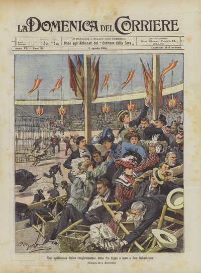 A Show Ended Tragically, Fight Between a Tiger and a Bull in San Sebastian by Achille Beltrame