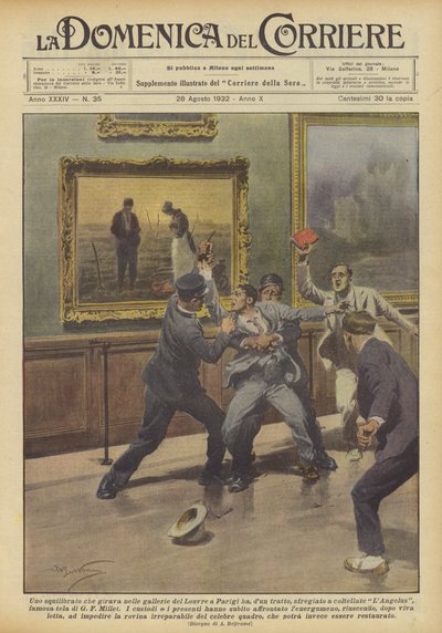 A Madman Wandering in the Galleries of the Louvre in Paris Suddenly... by Achille Beltrame