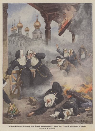 A Historic Convent in Flames in Podolia (European Russia), Five Catholic Nuns Perished in the Flames by Achille Beltrame
