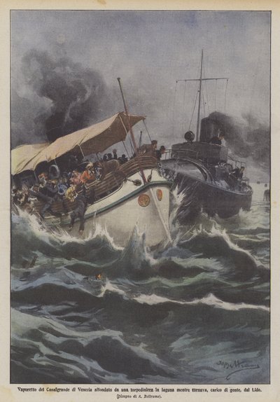 Vaporetto of the Grand Canal in Venice Sunk by a Torpedo Boat in the Lagoon While Returning by Achille Beltrame