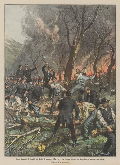 Vast Forest Fires on Lake Como and Lake Maggiore, Troops Trying to Stop the Fire by Achille Beltrame