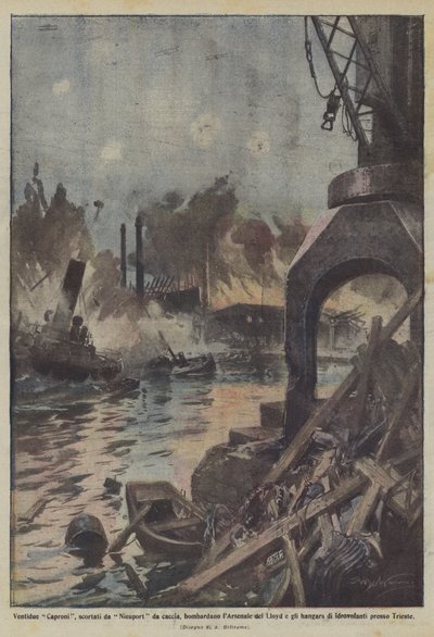 Twenty-two Capronis, escorted by Nieuport fighters, bomb the Lloyd Arsenal and the hangars by Achille Beltrame