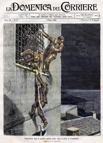 Escape of three prisoners from Finalmarina prison in Italy in 1907. Illustration of Achille Beltrame for the Domenica del Corriere of March 3 by Achille Beltrame