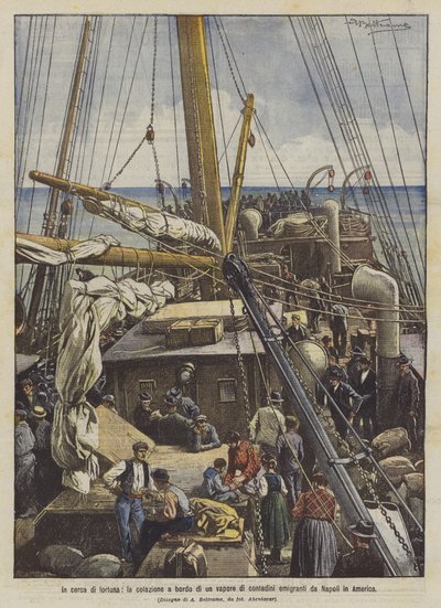 In Search of Fortune, Breakfast on Board a Steamer of Emigrant Peasants from Naples to America by Achille Beltrame