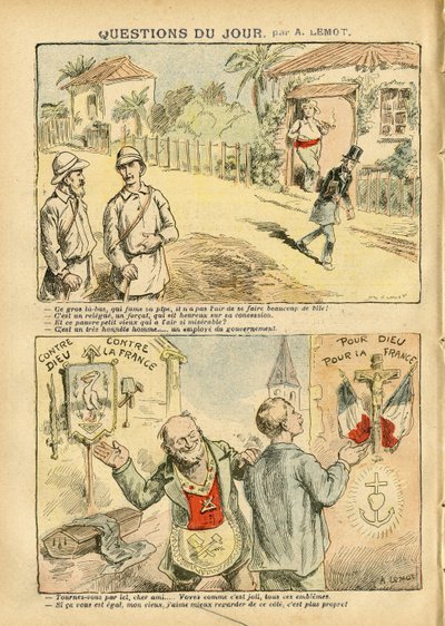 Illustration of Achille Lemot in Le Pelerin, 06/10/07 - Question of the day - Colonization Colonialism Colonism, Antimaconism Freemaking, Religion Faith, Atheism, Patriotism, Exile, Catholic Catholicism - Settlers, Explorer, Forcats, bagnards by Achille Lemot