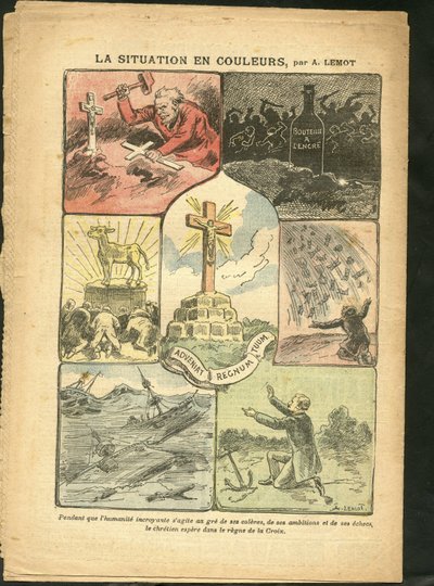 Illustration of Achille Lemot in Le Pelerin, 28/02/09 - The Situation in Color - Religion, Maritime, Atheism, Accidents, Natural Disaster, Christian Cross, Catholicism - Golden Calf by Achille Lemot