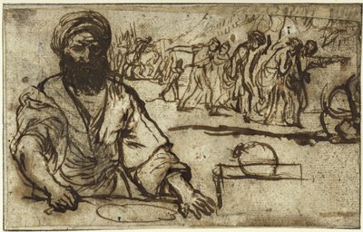 Seated bearded man, with a procession of people and riders in the background by Adam Elsheimer