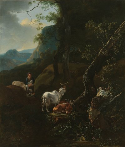 A Shepherdess with Animals in a Mountainous Landscape by Adam Pijnacker