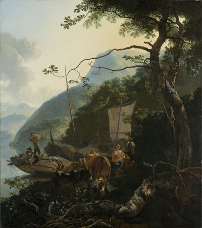 Boatmen Moored on the Shore of an Italian Lake, 1650-70 by Adam Pynacker
