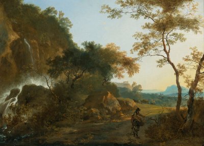 Italianate Landscape with a Traveller on a Path by a Waterfall by Adam Pynacker
