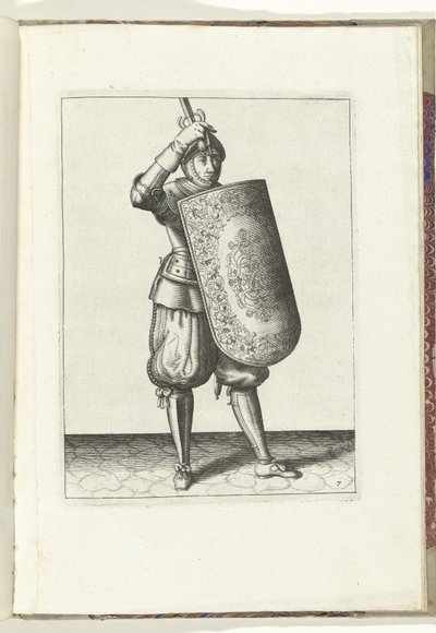 The Exercise with the Targe and Rapier: How the Soldier Should Close the Visor of His Helmet with the Targe and the Drawn Rapier in Hand (No. 7), 1618 by Adam van Breen