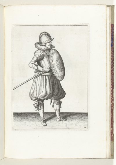 The exercise with shield and pike: the soldier brings the pike into position to drag in two movements, second movement (no. 14), 1618 by Adam van Breen