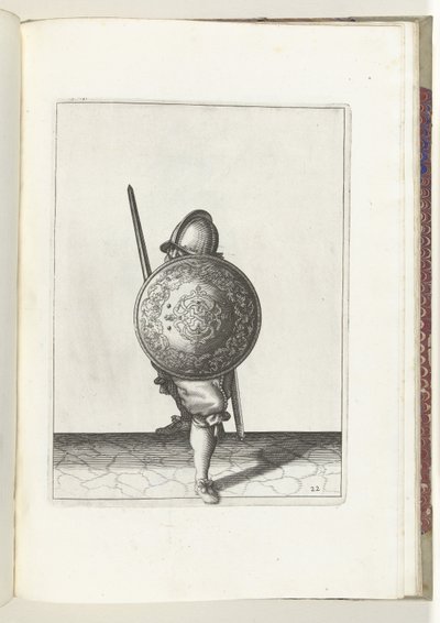 Exercise with Shield and Spear: The Soldier in a Defensive Stance with One Foot Forward and His Rapier and Shield on His Knee in Front of His Body, Seen from the Front (no. 22), 1618 by Adam van Breen
