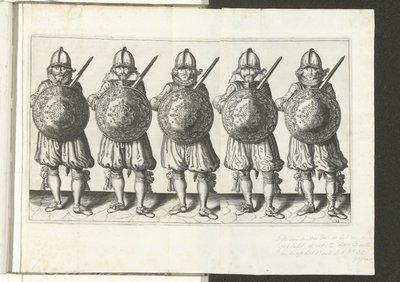 The Exercise with Shield and Spear: Five Soldiers Standing Side by Side in Formation with the Rapier in the Right Hand and the Shield in Front of the Chest, 1618 by Adam van Breen