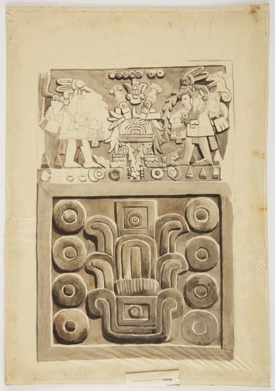 Stone relief from Mexico City showing two figures of warriors facing a central decorated 