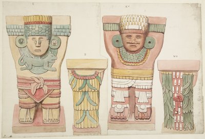 Caryatids II and XV from Outer Chamber, Upper Temple of the Jaguars, Chichen Itza, Mexico by Adela Breton