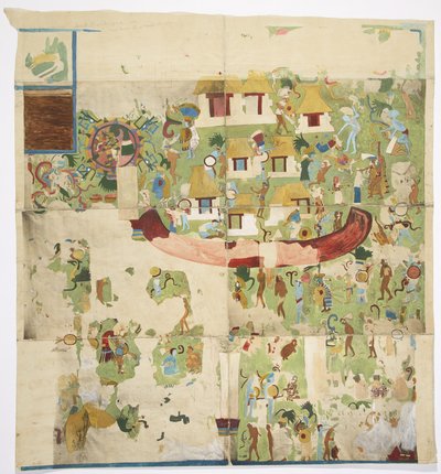 Painting of a mural from the north panel on the west wall, Temple A, Great Ball Court, Chichen Itza Yucatan, Mexico by Adela Breton