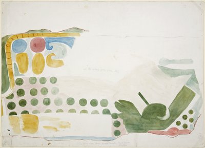 Painting of part of a mural depicting a scene of human sacrifice from above the door of the inner chamber, Upper Temple of the Jaguars, Upper Temple Ball Court, Chichen Itza, Mexico by Adela Breton