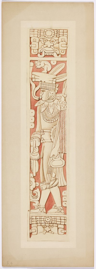 Warrior figure on the door jambs between the inner and outer chambers of the Upper Temple of the Jaguars by Adela Breton