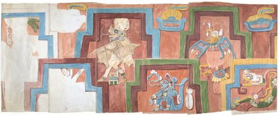 Watercolour copy of the stucco facade of the temple on the pyramid at Acanceh Figures 6-11 by Adela Breton