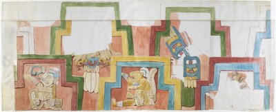 Watercolour copy of the stucco facade of the temple on the pyramid at Acanceh Figures 1-5 by Adela Breton