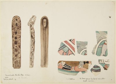 Wooden and pottery objects all decorated, from the Sacred Cenote, Chichen Itza, Yucatan, Mexico by Adela Breton