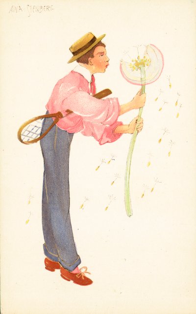 Young Man with Tennis Racket Blowing Large Dandelion by Adelaide Marchi