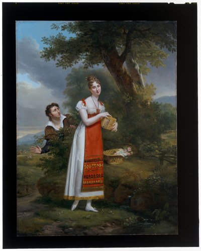 Lady Holding a Bird Cage Surprised by a Man, a Stag Hunt Beyond by Adele Romany