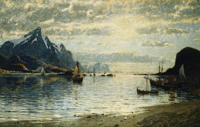 A Fjord Scene with Sailing Vessels by Adelsteen Normann