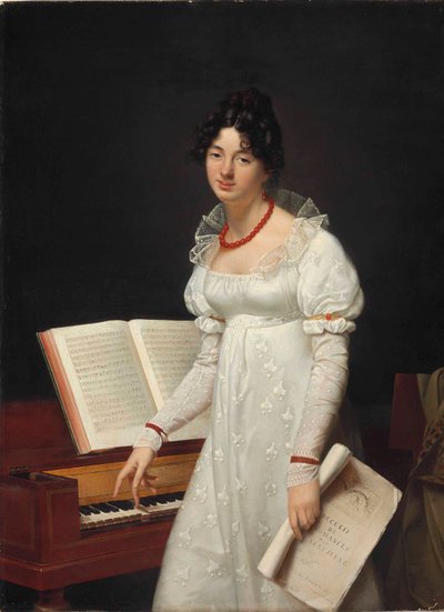 Portrait of a Lady Standing Next to a Piano Forte Holding a Manuscript by Adele Romany